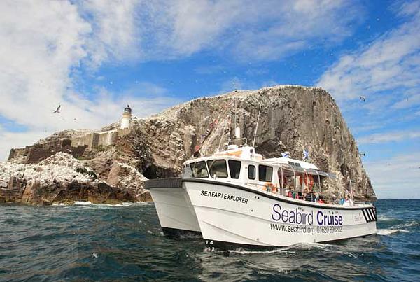 The Seabird Centre Catamaran tour boat as it cruises around a Bass Rock that is bright white with breeding gannets.