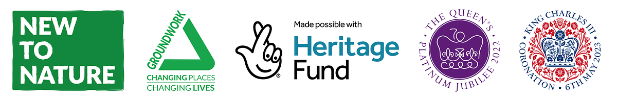 Logos for New to Nature, Groundwork UK, the National Lottery Heritage Fund, the Queen's Platinum Jubilee 2022 and King Charles III Coronation Logos for New to Nature, Groundwork UK, the National Lottery Heritage Fund, the Queen's Platinum Jubilee 2022 and King Charles III Coronation