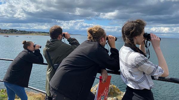 A group of four volunteers gaze out at the sea through binoculars on an overcast day at North Berwick