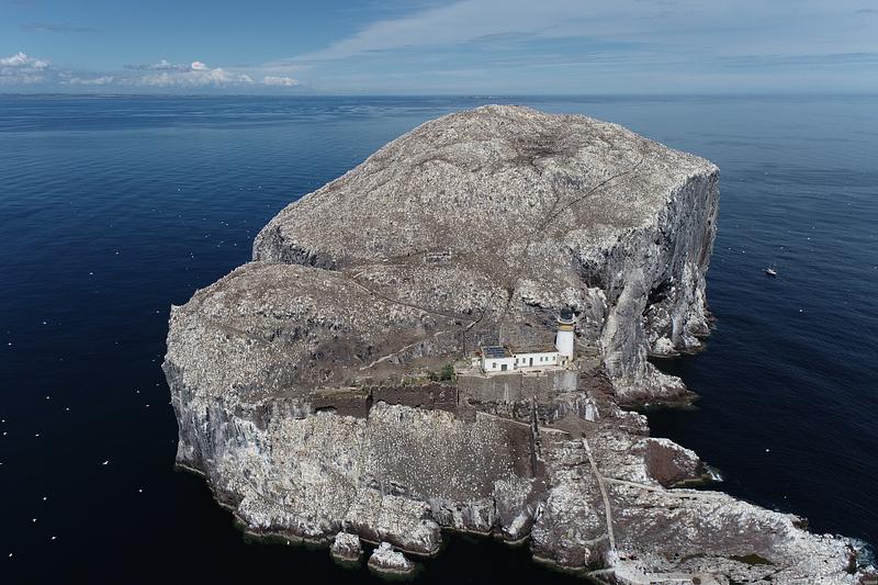 A view of the Bass Rock from the air, showing the white lighthouse, the mainland in the far distance, and many gannets making the rock look almost white